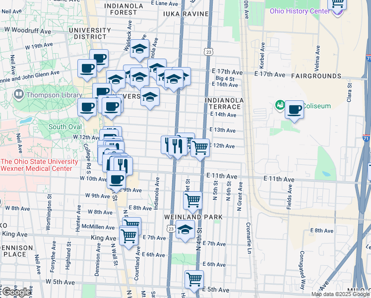 map of restaurants, bars, coffee shops, grocery stores, and more near 254 Chittenden Avenue in Columbus