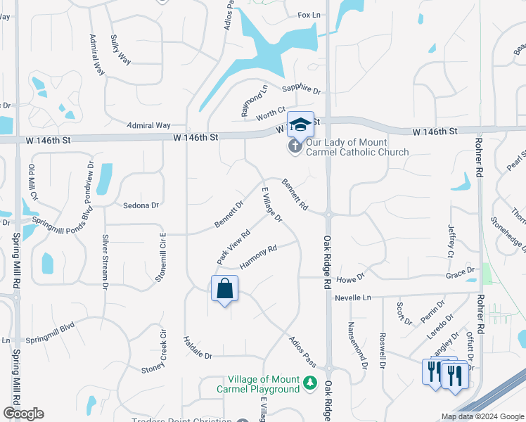 map of restaurants, bars, coffee shops, grocery stores, and more near 101 East Village Drive in Carmel