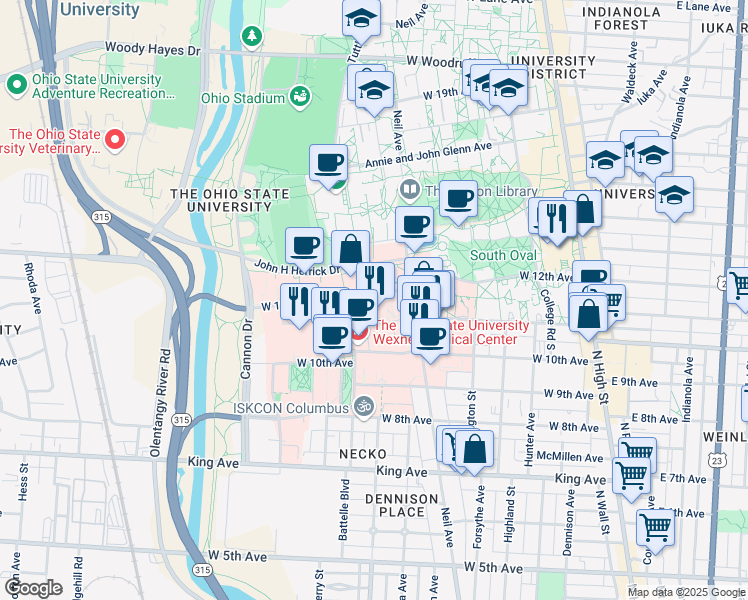 map of restaurants, bars, coffee shops, grocery stores, and more near 305 West 12th Avenue in Columbus