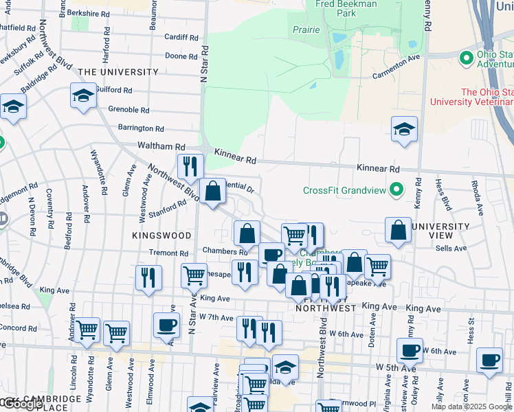 map of restaurants, bars, coffee shops, grocery stores, and more near 1361 Presidential Drive in Columbus