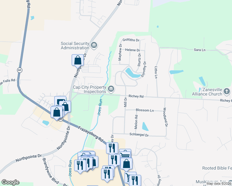 map of restaurants, bars, coffee shops, grocery stores, and more near 1145 Richey Road in Zanesville