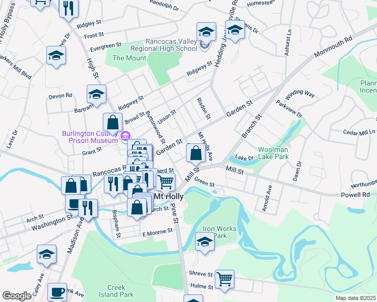 map of restaurants, bars, coffee shops, grocery stores, and more near 36 Cherry Street in Mount Holly