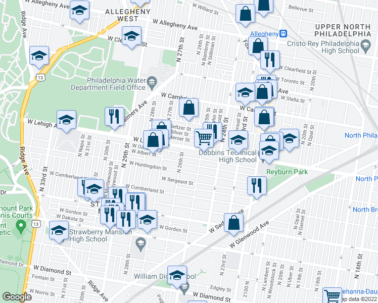 map of restaurants, bars, coffee shops, grocery stores, and more near 2643 West Oakdale Street in Philadelphia