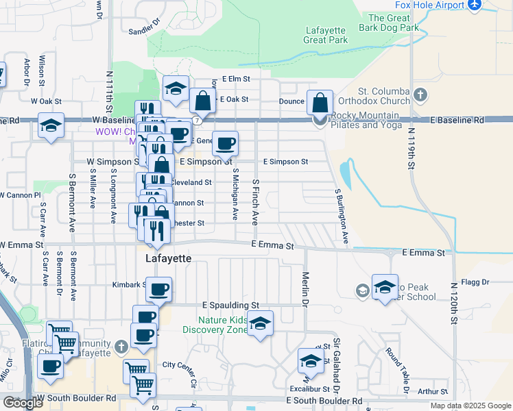map of restaurants, bars, coffee shops, grocery stores, and more near 312 South Finch Avenue in Lafayette