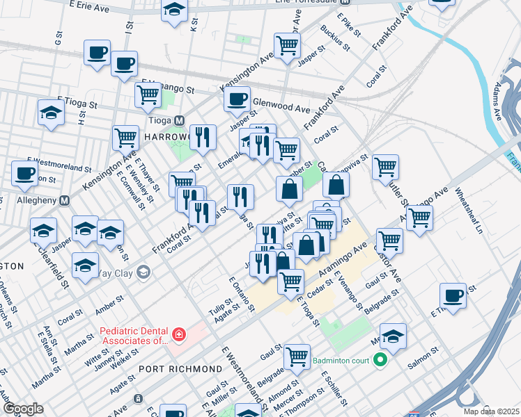 map of restaurants, bars, coffee shops, grocery stores, and more near 3515 Amber Street in Philadelphia