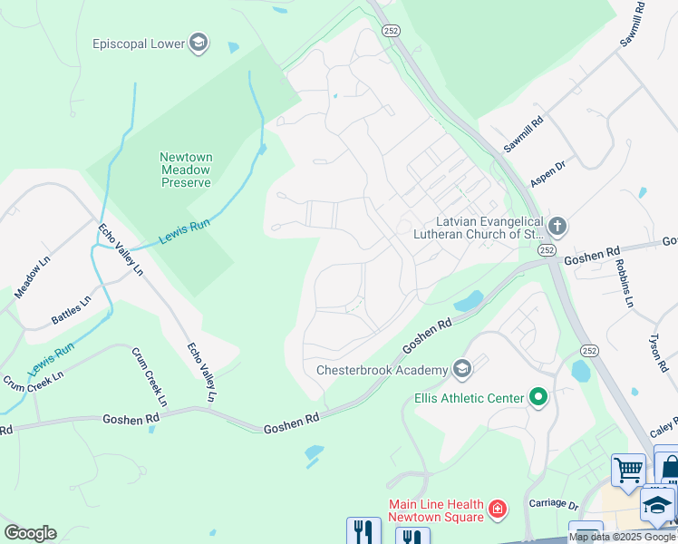 map of restaurants, bars, coffee shops, grocery stores, and more near 3900 Rockwood Farm Road in Newtown Square