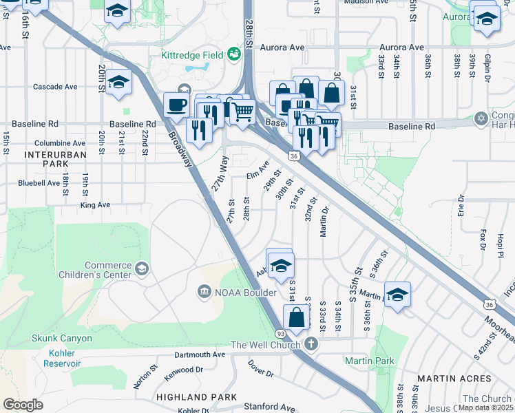 map of restaurants, bars, coffee shops, grocery stores, and more near 301 29th Street in Boulder