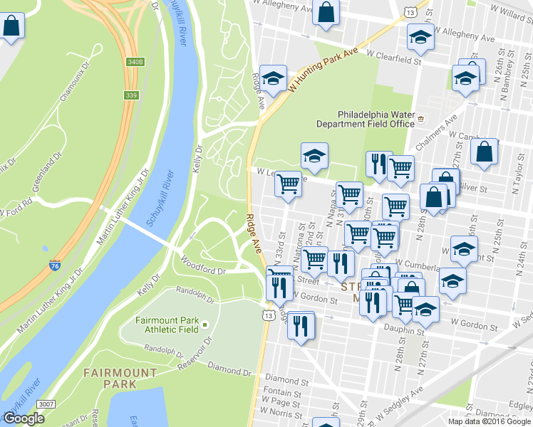 map of restaurants, bars, coffee shops, grocery stores, and more near 3337 West Sergeant Street in Philadelphia