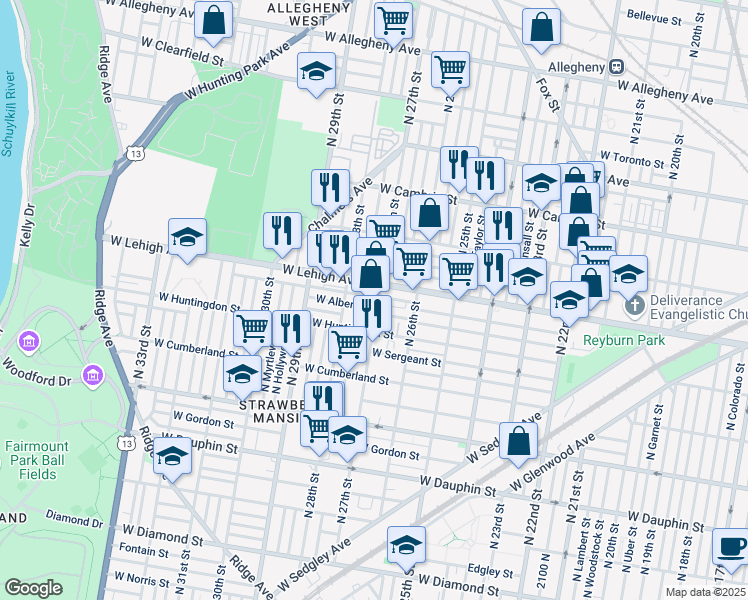 map of restaurants, bars, coffee shops, grocery stores, and more near 2652 North 27th Street in Philadelphia
