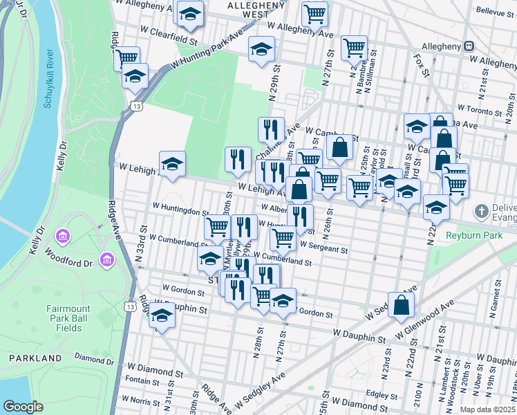 map of restaurants, bars, coffee shops, grocery stores, and more near 2627 North 29th Street in Philadelphia