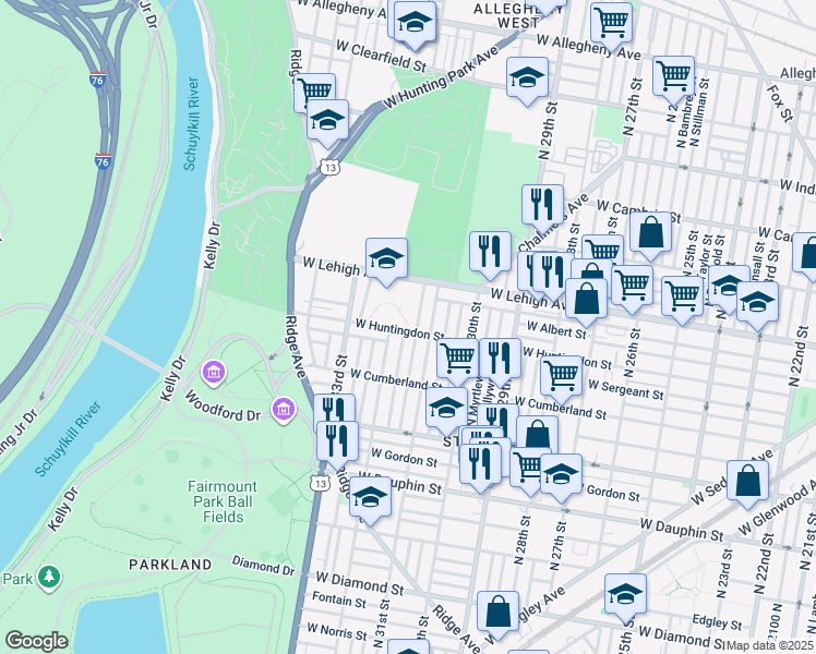 map of restaurants, bars, coffee shops, grocery stores, and more near 3125 West Huntingdon Street in Philadelphia