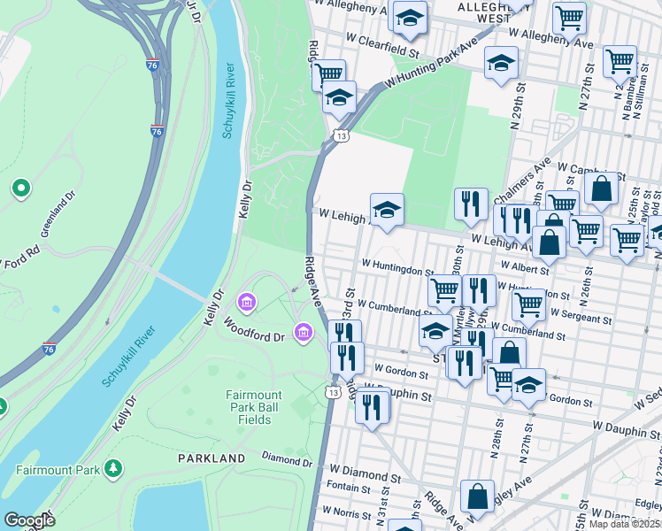 map of restaurants, bars, coffee shops, grocery stores, and more near 3337 West Sergeant Street in Philadelphia