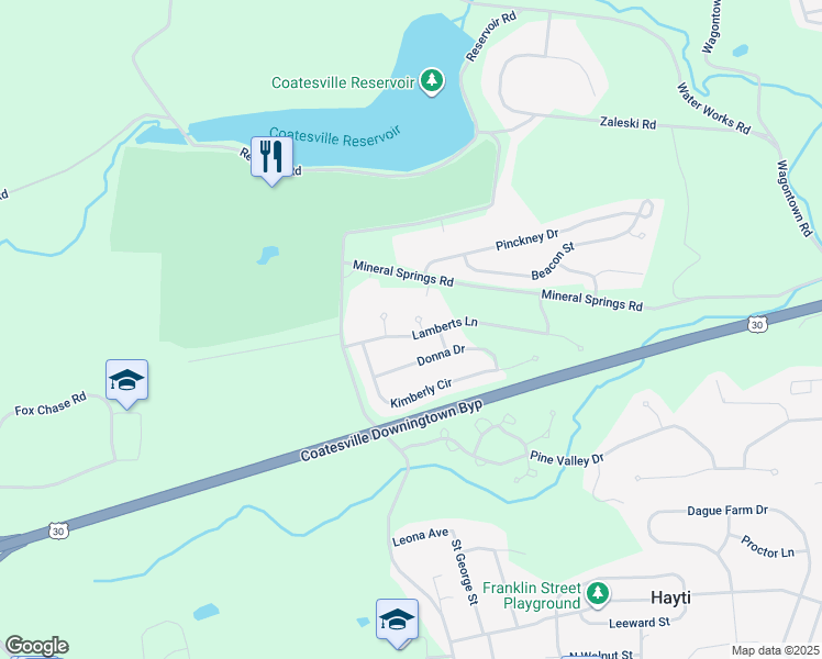 map of restaurants, bars, coffee shops, grocery stores, and more near 21 Lamberts Lane in Coatesville