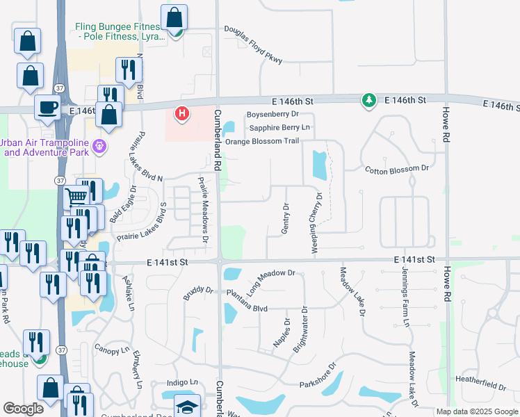 map of restaurants, bars, coffee shops, grocery stores, and more near 9935 Worthington Boulevard in Fishers