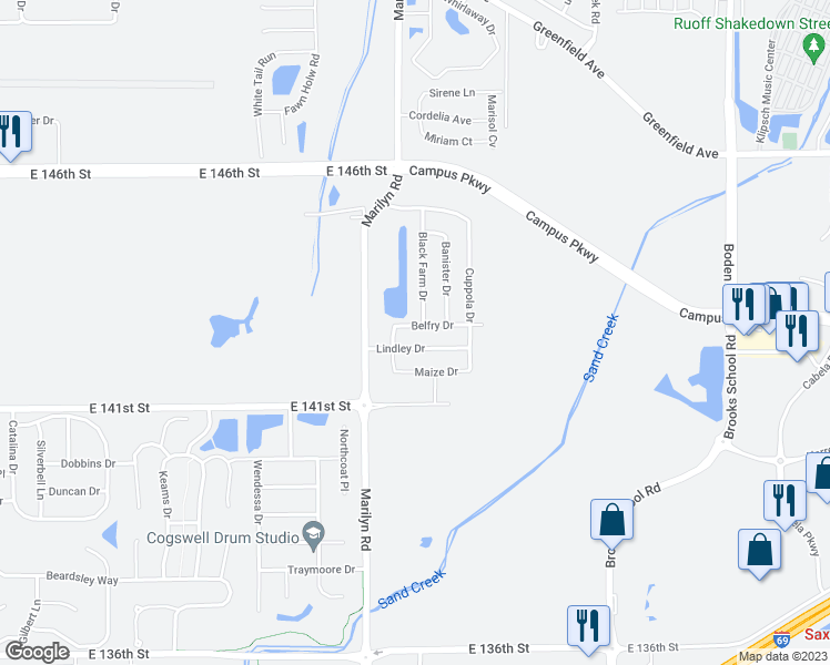map of restaurants, bars, coffee shops, grocery stores, and more near 12153 Belfry Drive in Noblesville