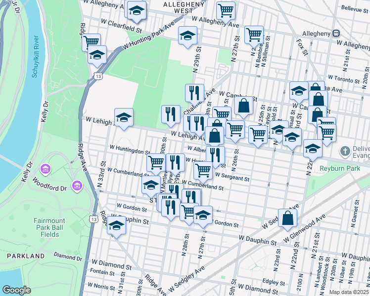 map of restaurants, bars, coffee shops, grocery stores, and more near 2627 North 29th Street in Philadelphia