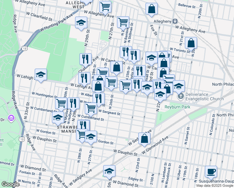 map of restaurants, bars, coffee shops, grocery stores, and more near in Philadelphia