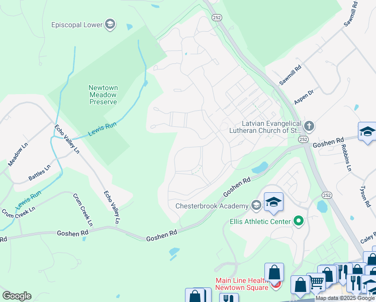 map of restaurants, bars, coffee shops, grocery stores, and more near 3900 Rockwood Farm Road in Newtown Square