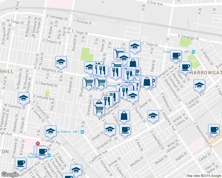 map of restaurants, bars, coffee shops, grocery stores, and more near 644 East Lippincott Street in Philadelphia