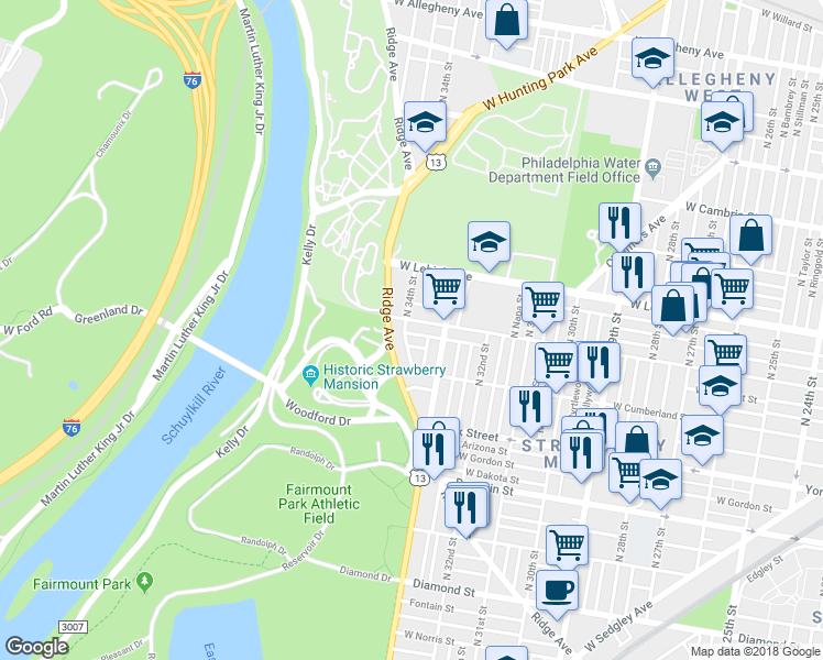 map of restaurants, bars, coffee shops, grocery stores, and more near 3341 West Sergeant Street in Philadelphia