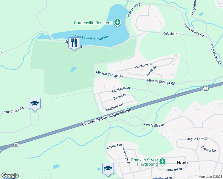 map of restaurants, bars, coffee shops, grocery stores, and more near 21 Lamberts Lane in Coatesville