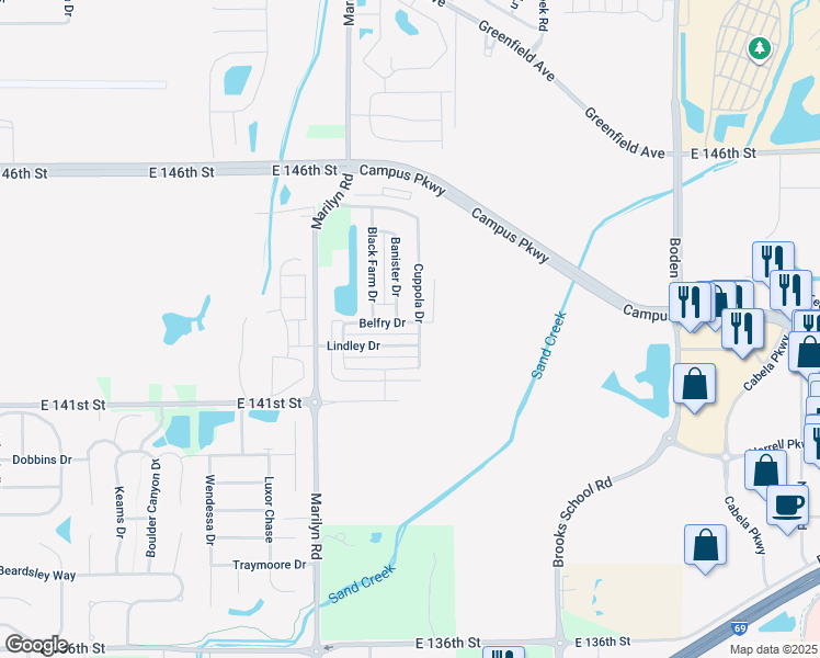 map of restaurants, bars, coffee shops, grocery stores, and more near 12243 Belfry Drive in Noblesville