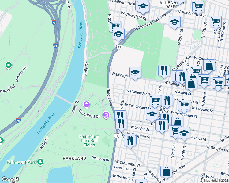 map of restaurants, bars, coffee shops, grocery stores, and more near 3345 West Sergeant Street in Philadelphia