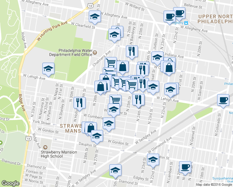 map of restaurants, bars, coffee shops, grocery stores, and more near 2607 West Oakdale Street in Philadelphia