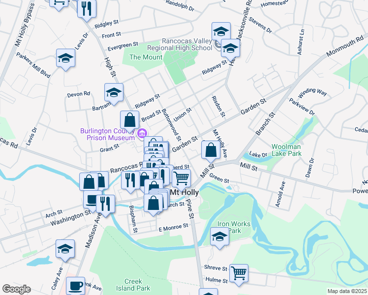 map of restaurants, bars, coffee shops, grocery stores, and more near 100 Garden Street in Mount Holly