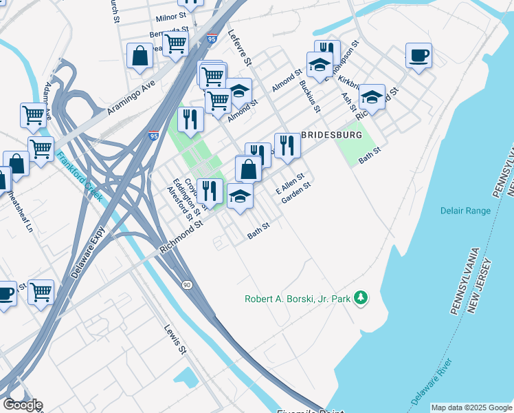 map of restaurants, bars, coffee shops, grocery stores, and more near 2836 Gillingham Street in Philadelphia