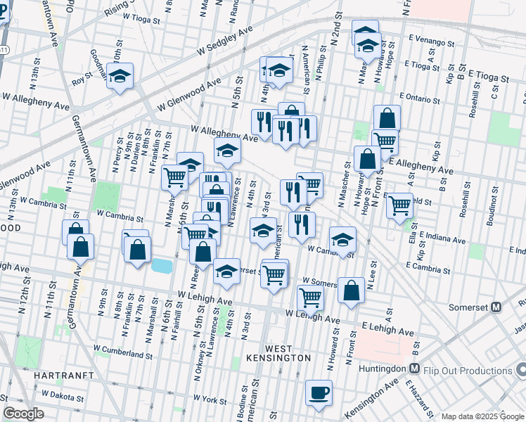 map of restaurants, bars, coffee shops, grocery stores, and more near 302 West Indiana Avenue in Philadelphia
