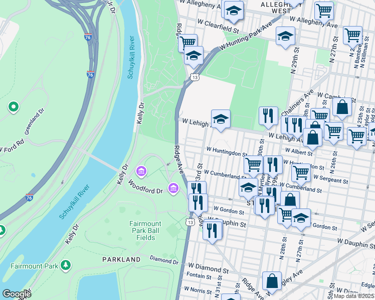 map of restaurants, bars, coffee shops, grocery stores, and more near 3341 West Sergeant Street in Philadelphia