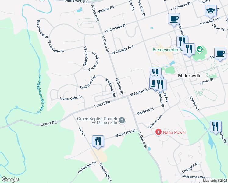 map of restaurants, bars, coffee shops, grocery stores, and more near 360 Knollwood Road in Millersville