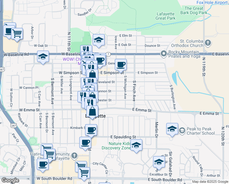 map of restaurants, bars, coffee shops, grocery stores, and more near 310 East Cannon Street in Lafayette