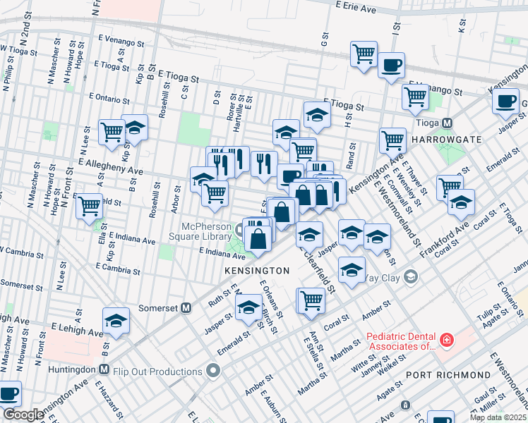 map of restaurants, bars, coffee shops, grocery stores, and more near E Lippincott St & F St in Philadelphia