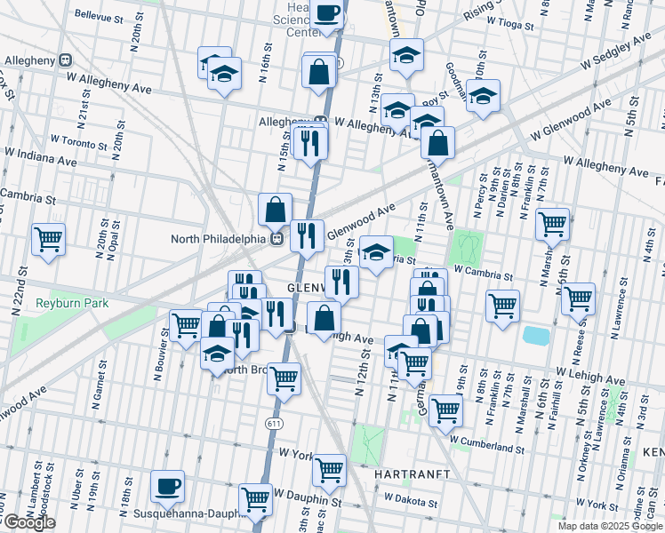 map of restaurants, bars, coffee shops, grocery stores, and more near 1321 West Auburn Street in Philadelphia