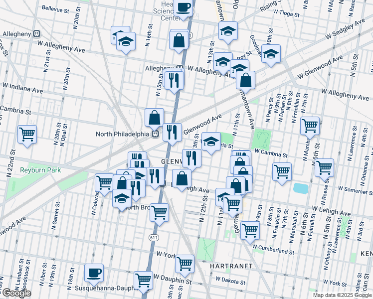 map of restaurants, bars, coffee shops, grocery stores, and more near 1321 West Auburn Street in Philadelphia