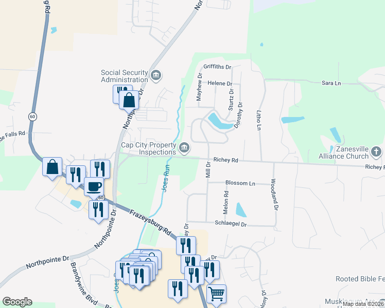map of restaurants, bars, coffee shops, grocery stores, and more near 1145 Richey Road in Zanesville