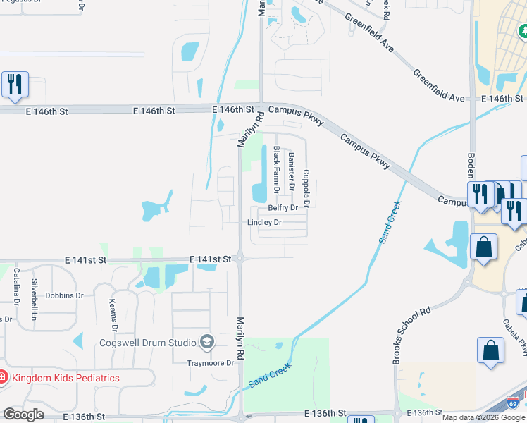 map of restaurants, bars, coffee shops, grocery stores, and more near 12159 Belfry Drive in Noblesville