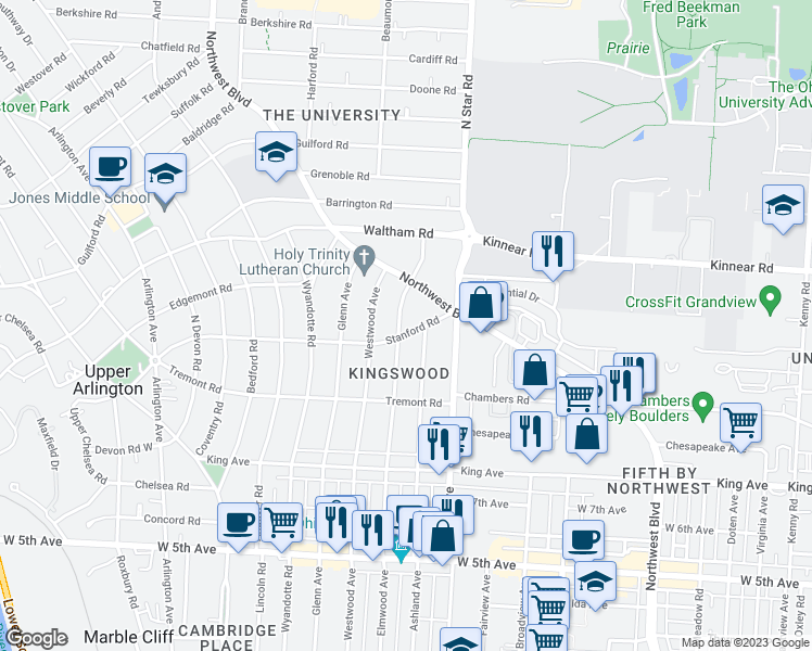 map of restaurants, bars, coffee shops, grocery stores, and more near 1900 Elmwood Avenue in Columbus