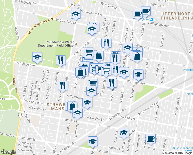 map of restaurants, bars, coffee shops, grocery stores, and more near 2546 West Lehigh Avenue in Philadelphia