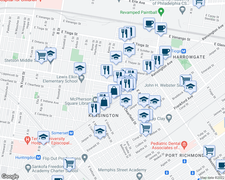 map of restaurants, bars, coffee shops, grocery stores, and more near 3142 Custer Street in Philadelphia