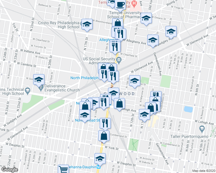 map of restaurants, bars, coffee shops, grocery stores, and more near 1413 West Rush Street in Philadelphia
