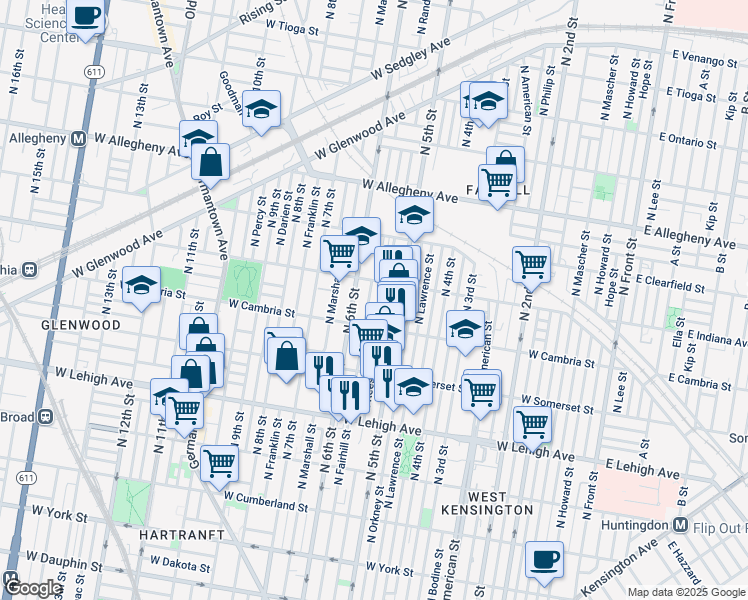 map of restaurants, bars, coffee shops, grocery stores, and more near 2941 North Fairhill Street in Philadelphia