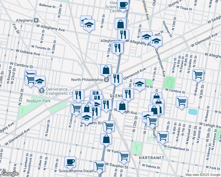 map of restaurants, bars, coffee shops, grocery stores, and more near 1413 West Rush Street in Philadelphia
