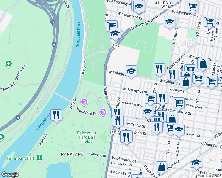 map of restaurants, bars, coffee shops, grocery stores, and more near 3345 West Sergeant Street in Philadelphia