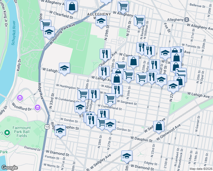 map of restaurants, bars, coffee shops, grocery stores, and more near 2643 North 28th Street in Philadelphia