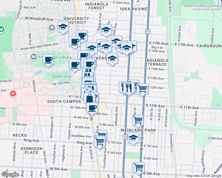 map of restaurants, bars, coffee shops, grocery stores, and more near 1638 Indianola Avenue in Columbus