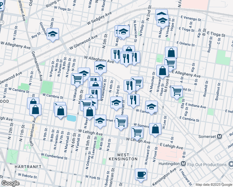 map of restaurants, bars, coffee shops, grocery stores, and more near 302 West Indiana Avenue in Philadelphia