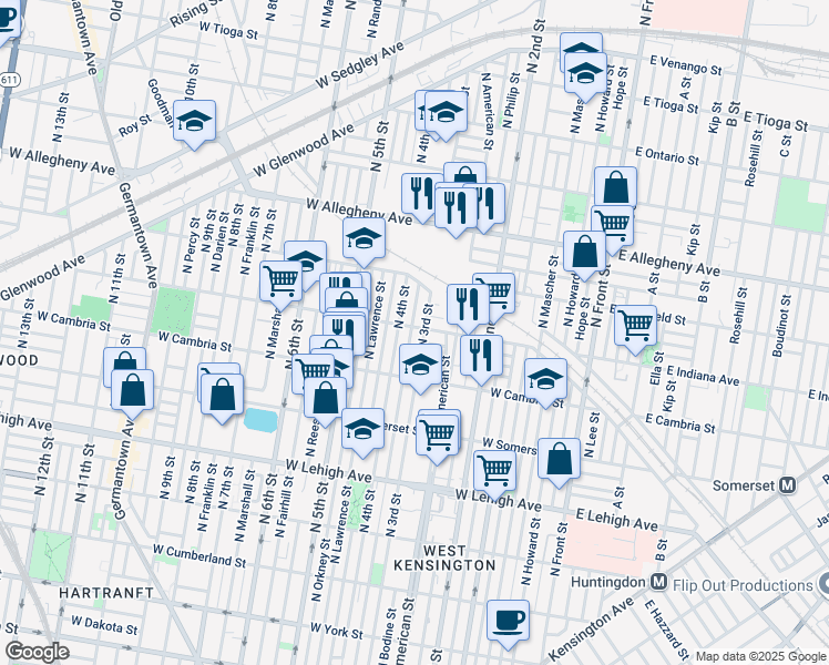 map of restaurants, bars, coffee shops, grocery stores, and more near 310 West Indiana Avenue in Philadelphia
